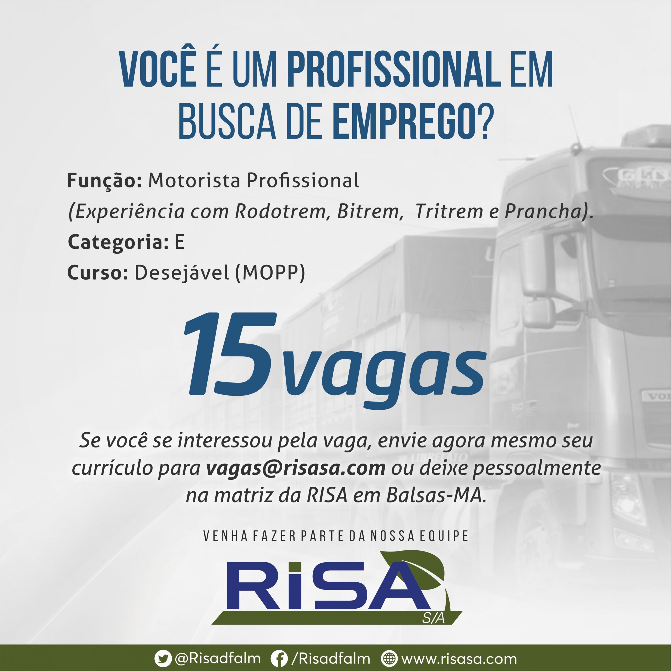 15 Vagas para Motorista – Risa SA