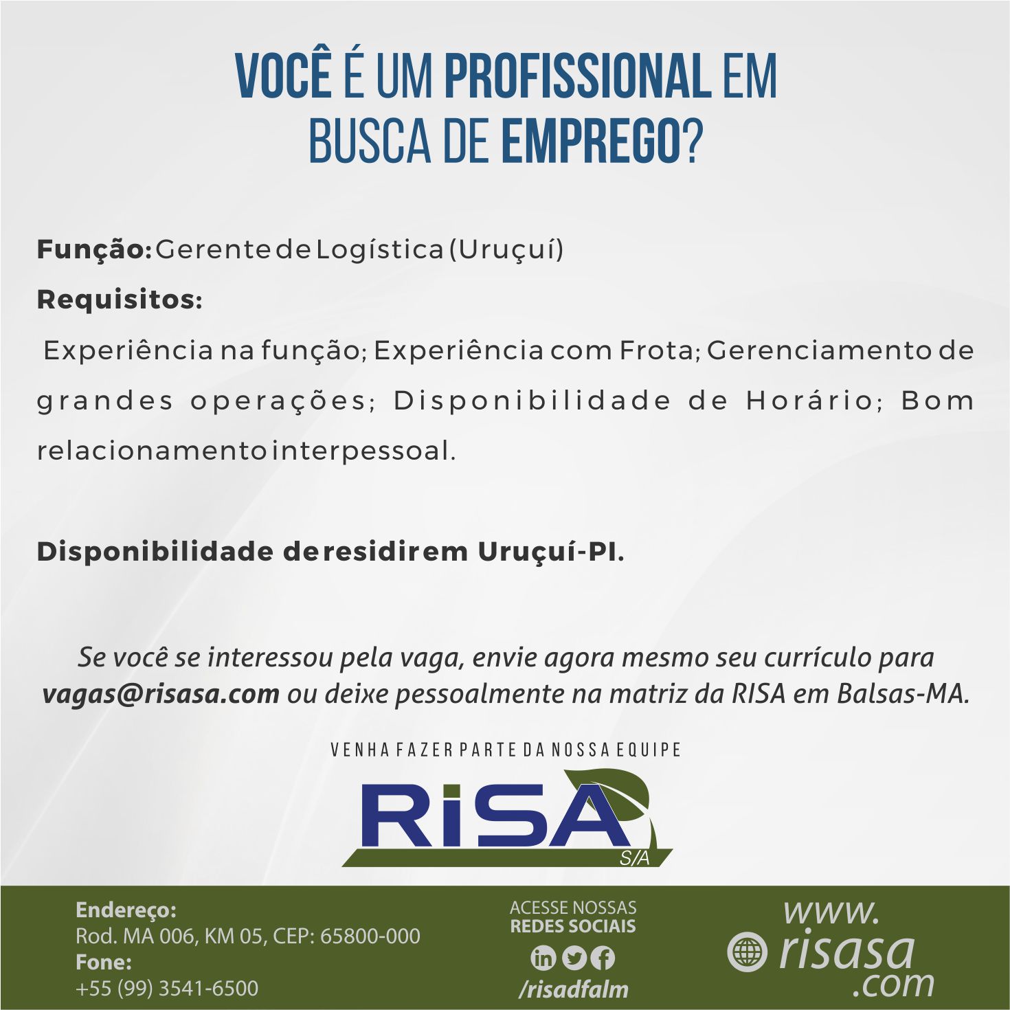 A Risa está com uma oportunidade aberta para Vaga Gerente de Logística